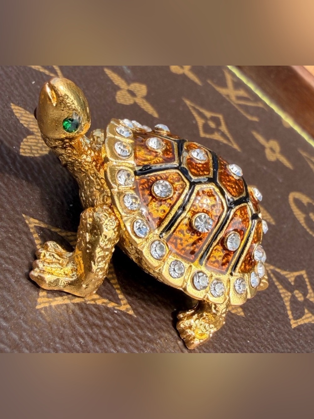 Papyrus Gold-tone Turtle Trinket Box with Amber and Clear Crystals